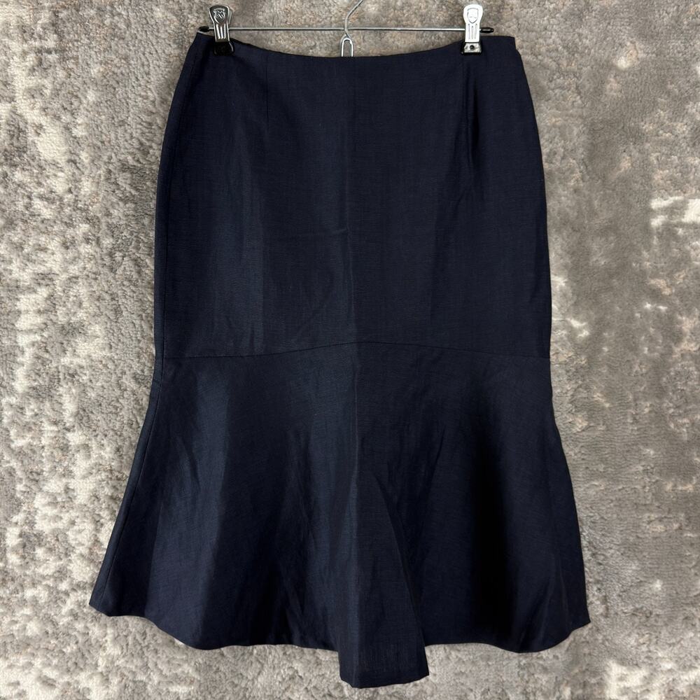 Layfayette 148 Size 2 Midi Fit Flared Skirt Navy Zip Casual Pleated Lined